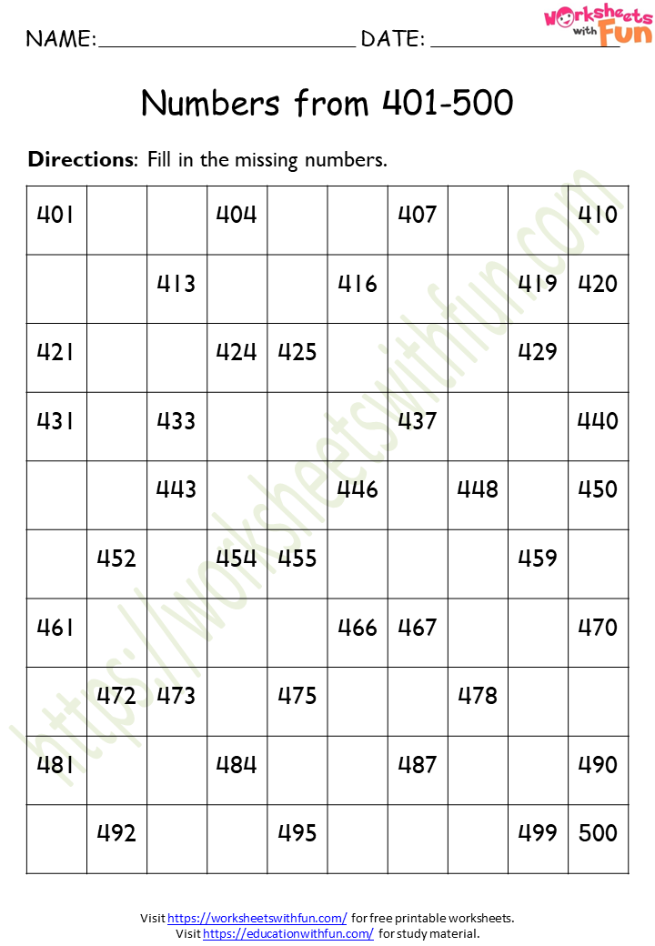 Maths Class 1 Missing Numbers 401 500 WWF